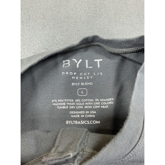 BYLT Drop Cut Henley Shirt Mens Large Gray Long Sleeve Stretch Casual Drop Hem - Picture 2 of 9